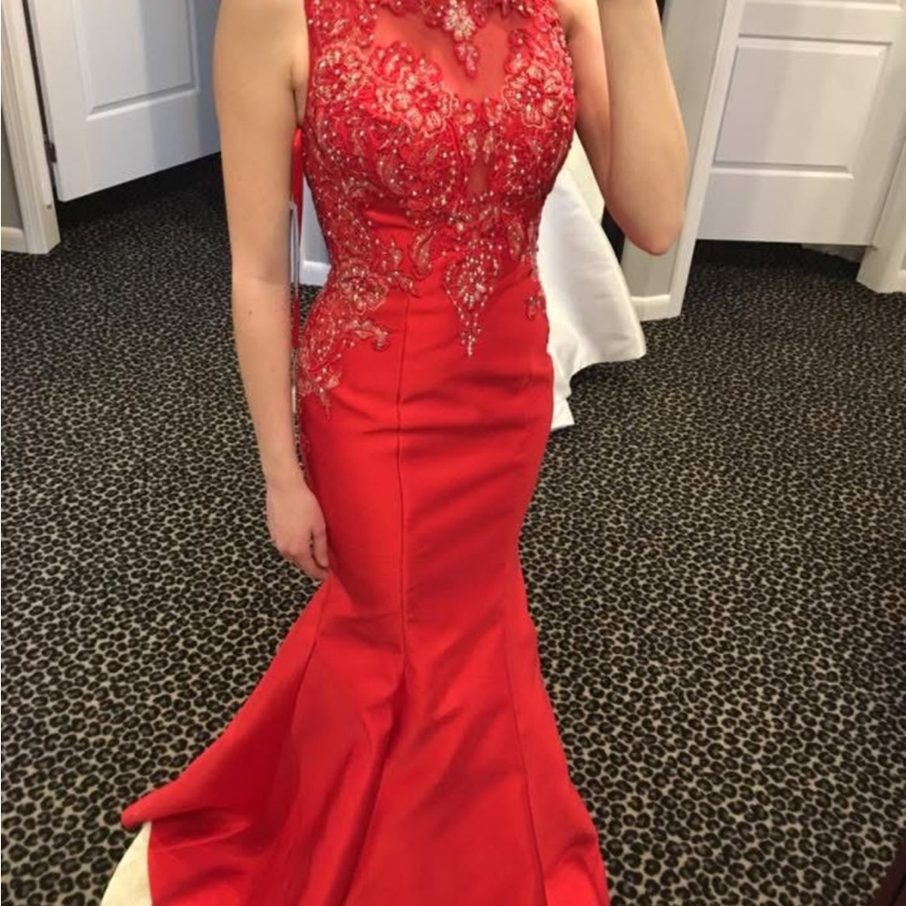 Madison James Fiery Red Embellished Prom Dress